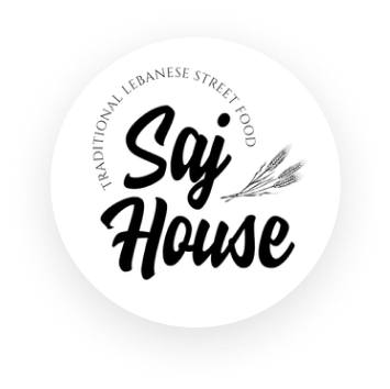 Logo with "Saj House" in bold black letters, a small wheat graphic, and the text "Traditional Lebanese Street Food" surrounding it.