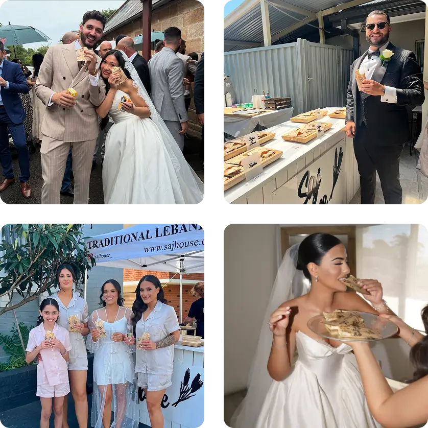 Collage of joyful wedding moments with the bride, groom, guests, and celebratory treats.